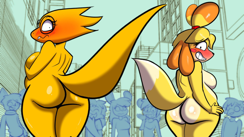 alphys animal_crossing anthro ass birbpan blush breasts canine embarrassed embarrassed_nude_female enf female glasses hi_res isabelle_(animal_crossing) nude onlookers public_nudity senftember senftember_(2023) tail undertale undertale_(series)