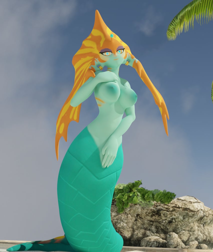 3d_(artwork) absurd_res beach bedroom_eyes big_breasts breasts covering covering_crotch covering_pussy digital_media_(artwork) dota dota_2 female fin fin_piercing furgonomics furry-specific_piercing head_fin hi_res humanoid looking_at_viewer lorded marine merfolk mermaid naga_siren naga_siren_(dota) narrowed_eyes nipples orange_eyes piercing presenting presenting_breasts seaside seductive siren slithice_the_naga_siren smile solo split_form teal_body