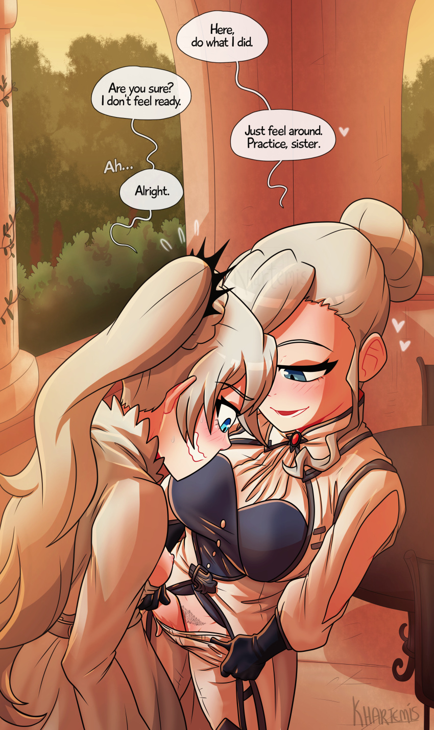 2girls bangs big_breasts blue_eyes comic comic_page english_text exposed_breasts female fingering hairbun incest khartemis military_uniform multiple_girls older_sister older_sister_younger_sister outdoors partially_clothed patreon_leak ponytail rwby siblings silver_hair sisters small_breasts sunset trimmed_pubic_hair weiss_schnee white_hair winter_schnee yuri