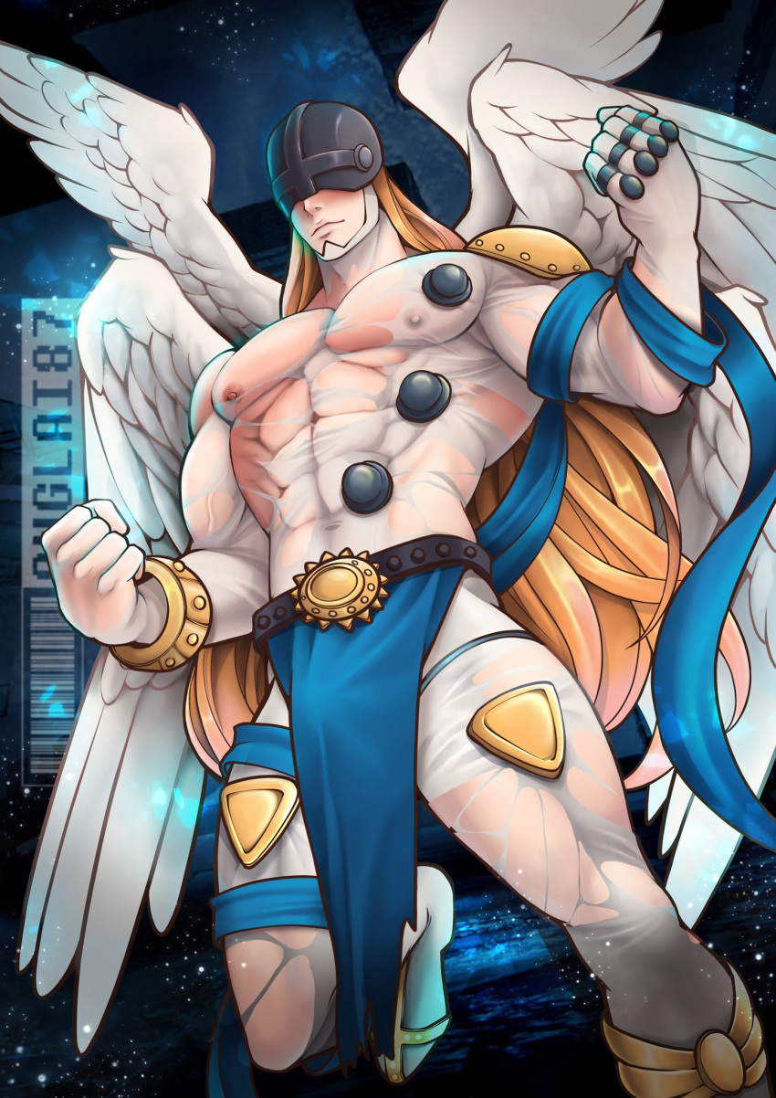 6_wings abs angel angel_wings angemon blonde_hair bulge_under_clothes clothed clothed_male digimon erection_under_loincloth helmet loincloth long_hair male male_only muscular_arms muscular_male muscular_pecs onglai87 see-through_clothing serratus serratus_anterior solo