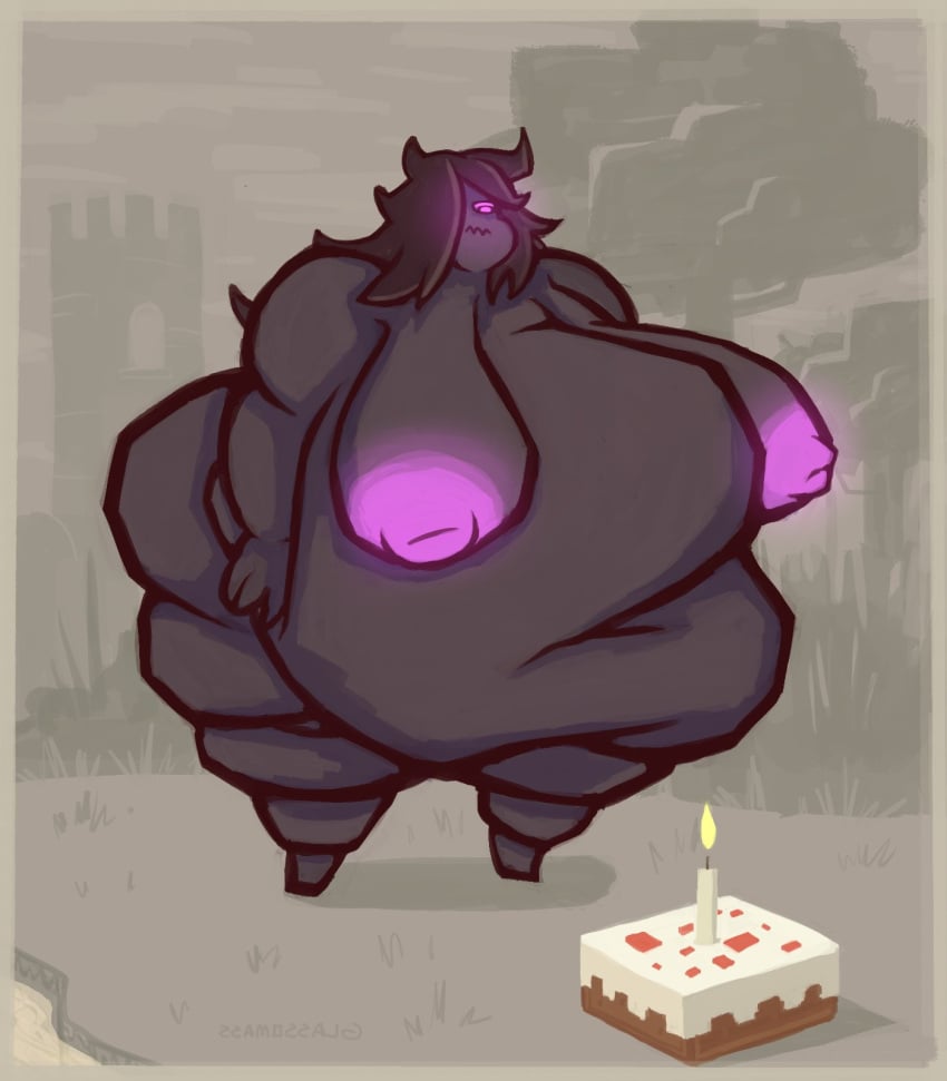 bbw cake deep_navel enderman fat female_only femderman glassomass glowing_eyes glowing_nipples huge_belly huge_breasts minecraft obese_female purple_eyes purple_nipples