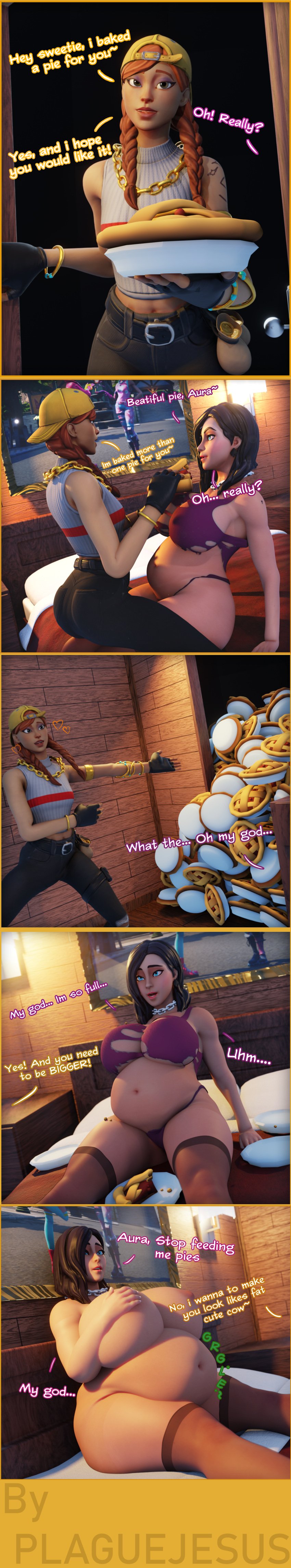 2girls 3d 3d_(artwork) areolae aura_(fortnite) belly_expansion belly_stuffing big_ass big_belly blender blue_eyes bra breast_expansion brown_eyes brown_hair chain_necklace comic_strip crop_top dialogue epic_games fat fat_fetish feederism food force_feeding fortnite fortnite:_battle_royale ginger girl_on_girl hand_on_breast jeans nipples obese overweight overweight_female panties pie plaguefatty rox_(fortnite) sitting_on_bed stockings stomach_noises thick_thighs torn_clothes weight_gain yuri