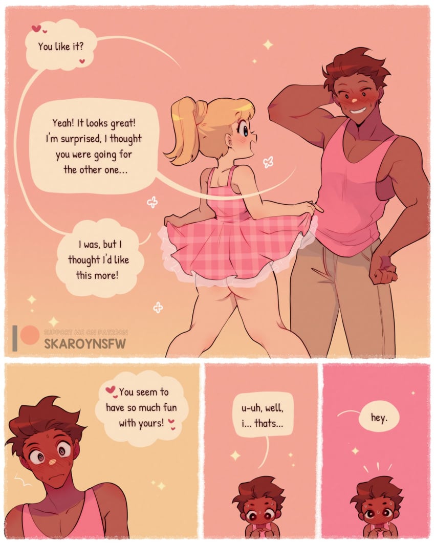 2boys blonde_hair blush blushing brown_hair comic comic_page crossdressing dark-skinned_male darren_(skaroy) dress dress_lift femboy flashing garrett_(skaroy) gay male male/male male_only original skaroy tagme yaoi