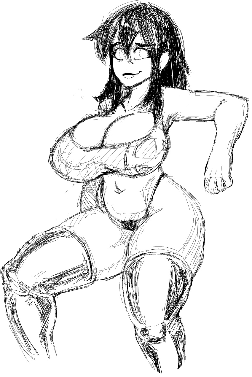 black_hair creepette_holloway crop_top general_proton large_breasts no_background sitting sketch smile thigh_highs thong