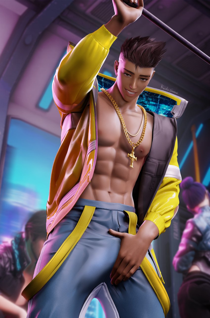 abs blue_pants brown_eyes brown_hair cyberpunk:_edgerunners cyberpunk_2077 david_martinez_(edgerunners) gasaiv kodogasai looking_at_viewer looking_down looking_down_at_viewer low-angle_view male male_only solo solo_male tan_skin train yellow_coat