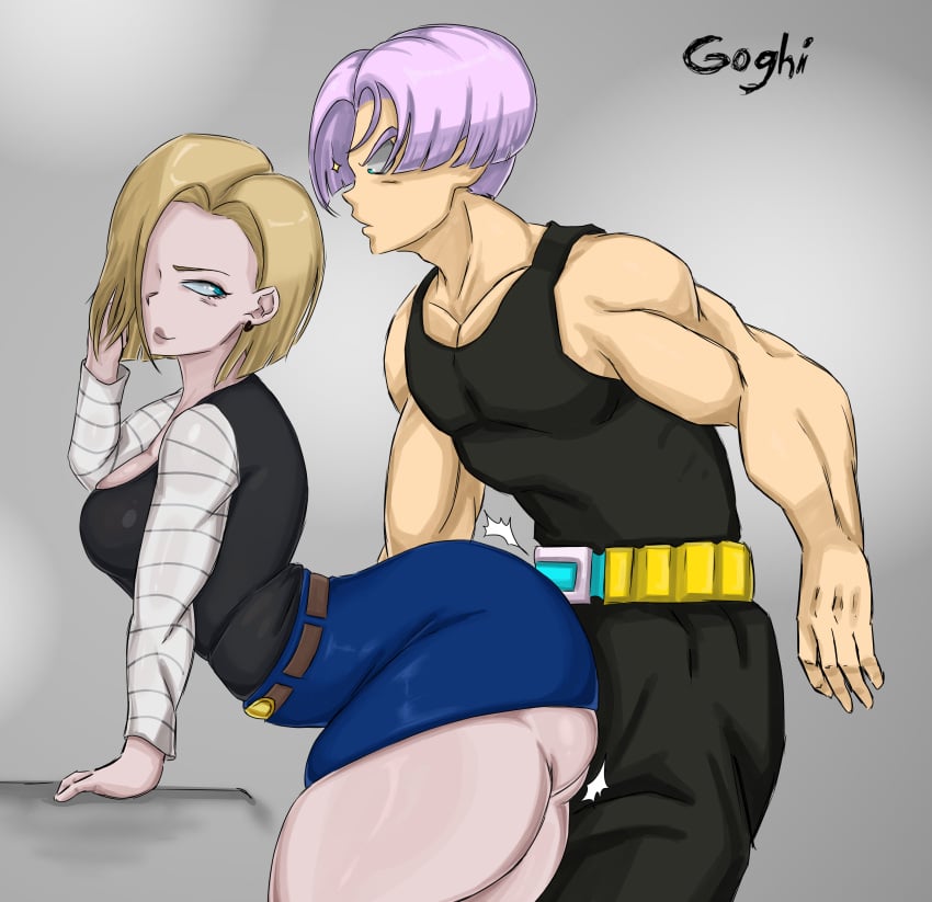 1boy 1girls android_18 big_ass big_breasts bikini blonde_hair blue_eyes cleavage curvy dragon_ball dragon_ball_super dragon_ball_z dress female goghi_(artist) huge_ass huge_breasts light-skinned_female muscular_male no_panties purple_hair rubber rubbing shiny_skin short_hair skirt trunks_briefs voluptuous voluptuous_female wide_hips