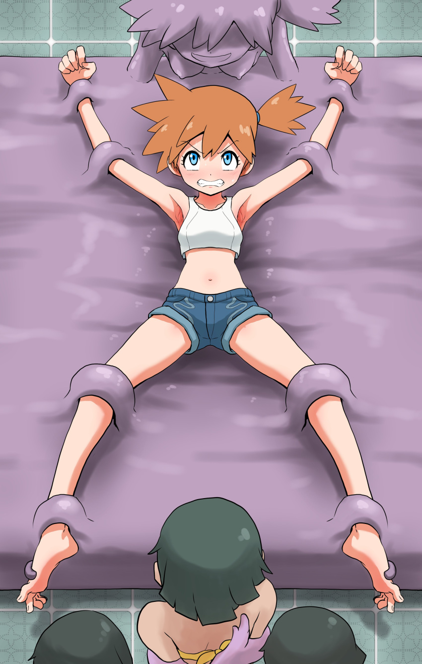 5_toes armpits asymmetrical_hair bare_shoulders blue_eyes blush bound breasts creatures_(company) denim denim_shorts female game_freak gen_1_pokemon gym_leader hair_tie highres holding kasumi_(pokemon) legs looking_at_viewer multiple_girls navel nintendo nipples open_mouth orange_hair pokemon pokemon_(game) pokemon_rgby ponytail shin_(kusugurijin) shirt short_hair short_shorts shorts side_ponytail thighs white_shirt