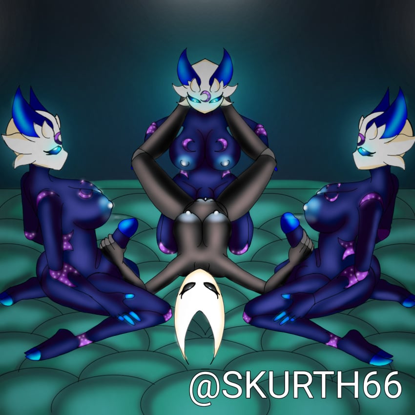 1girls 3futas areolae big_breasts big_penis blue_nipples blue_penis breasts clones erection female futa_on_female futanari gangbang hollow_knight hornet_(hollow_knight) humanoid humanoid_penis kneeling luna_(skur) nipples nude on_back penis sex skurth66 vaginal_penetration vessel_(species)