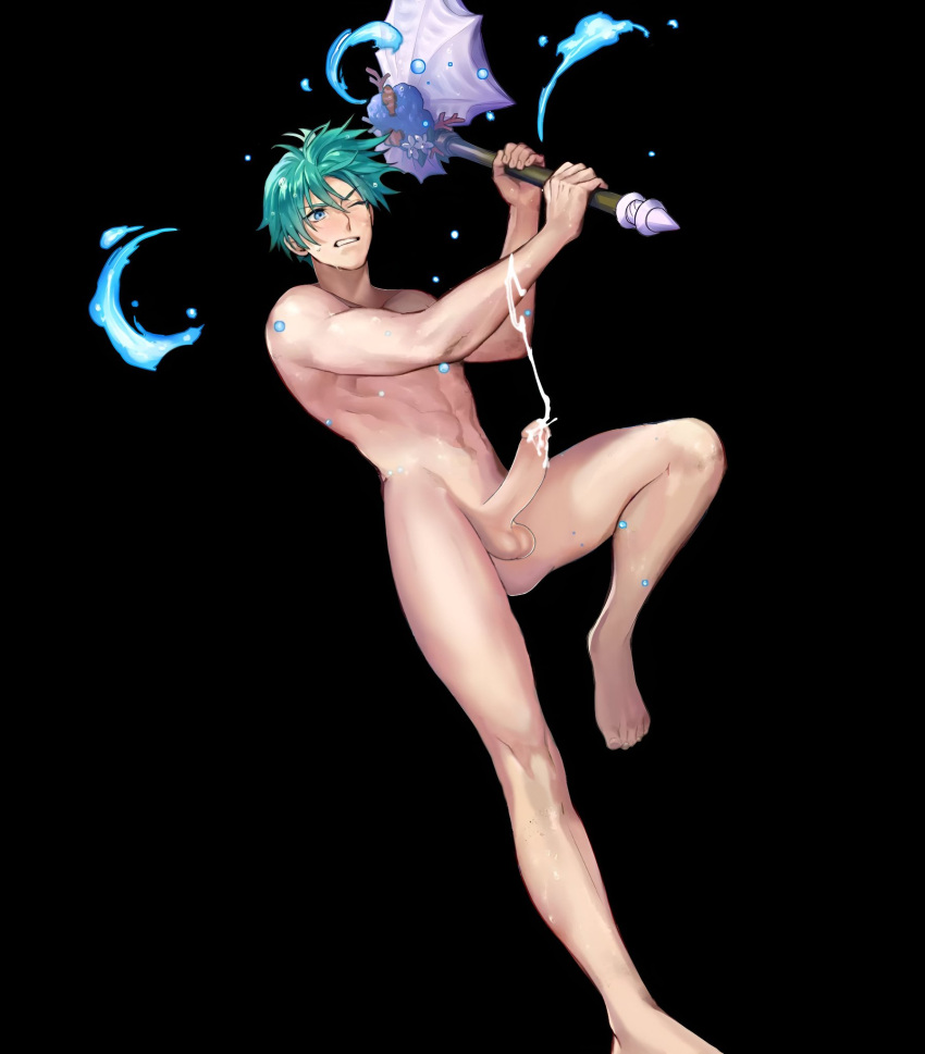 1boy alternate_costume axe bare_legs black_background blue_eyes blue_hair codename_(user_mkxe3283) codename_edit cum cumshot edit ejaculation ephraim_(fire_emblem) ephraim_(summer)_(fire_emblem) fire_emblem fire_emblem:_the_sacred_stones fire_emblem_heroes holding holding_axe legs male male_only nintendo nude nude_filter nude_male official_alternate_costume one_eye_closed penis uncensored