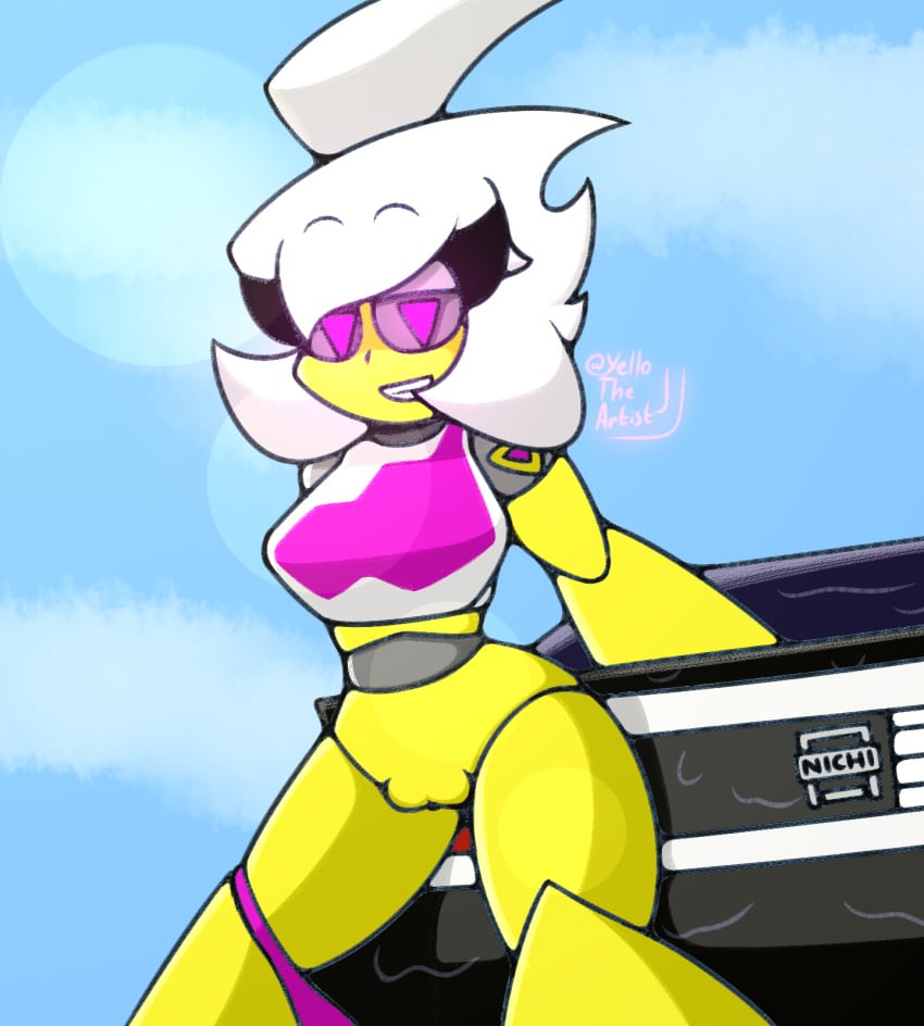 1girls bottomless car female_focus female_only geometry_dash nichi_(yellolight) nissan panties_around_one_leg panties_down remake robot robot_girl trianna_(yellolight) washing_car yellolight