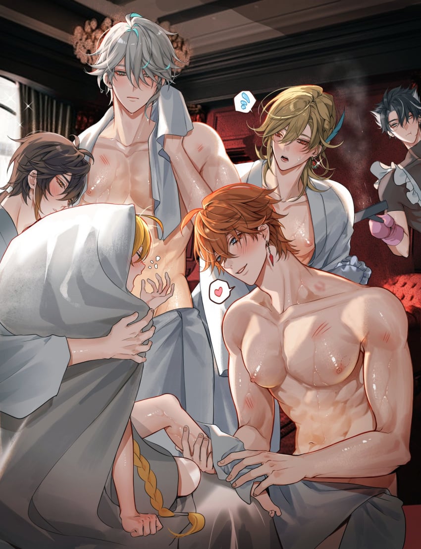 6boys abs aether_(genshin_impact) after_sex aftercare alhaitham_(genshin_impact) big_pecs bite bite_mark blonde_hair blush braid braided_hair brown_hair childe_(genshin_impact) genshin_impact ginger ginger_hair gray_hair harem heart hickey hickey_marks kaveh_(genshin_impact) maid maid_outfit male muscular muscular_male pnk_crow ponytail post_sex scratch_marks scratches steam sweat sweating tartaglia_(genshin_impact) towel towel_around_waist towel_on_shoulder wrapped_in_sheets wriothesley_(genshin_impact) yaoi zhongli_(genshin_impact)