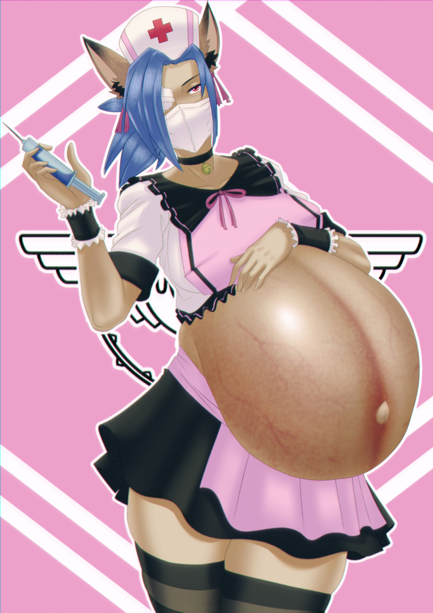 1girls big_belly blue_hair clone66 female female_only fox_ears maid_apron nurse pregnant ready_to_pop red_eyes skullgirls solo solo_female torpedo_belly valentine_(skullgirls) veiny_belly