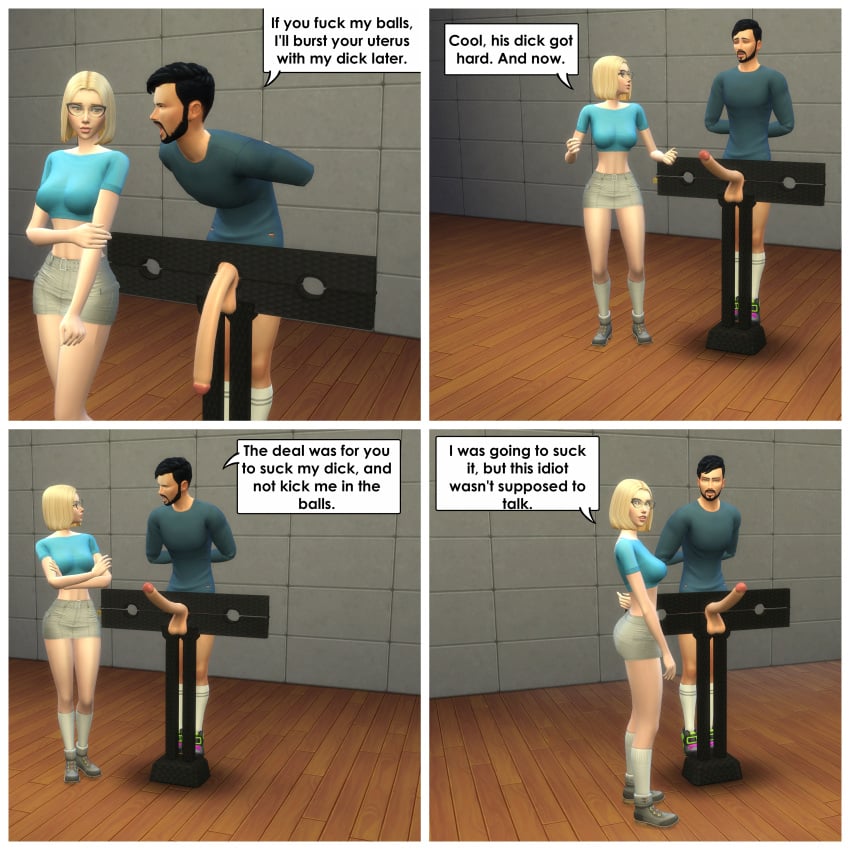 1boy 1boy1girl 1girls 2023 3d beard big_balls big_breasts big_penis black_hair blonde_hair blue_topwear bottomless clothed_female_nude_male couple curvy_female dialogue female matrixsims pillory short_hair skirt stuck testicles trick