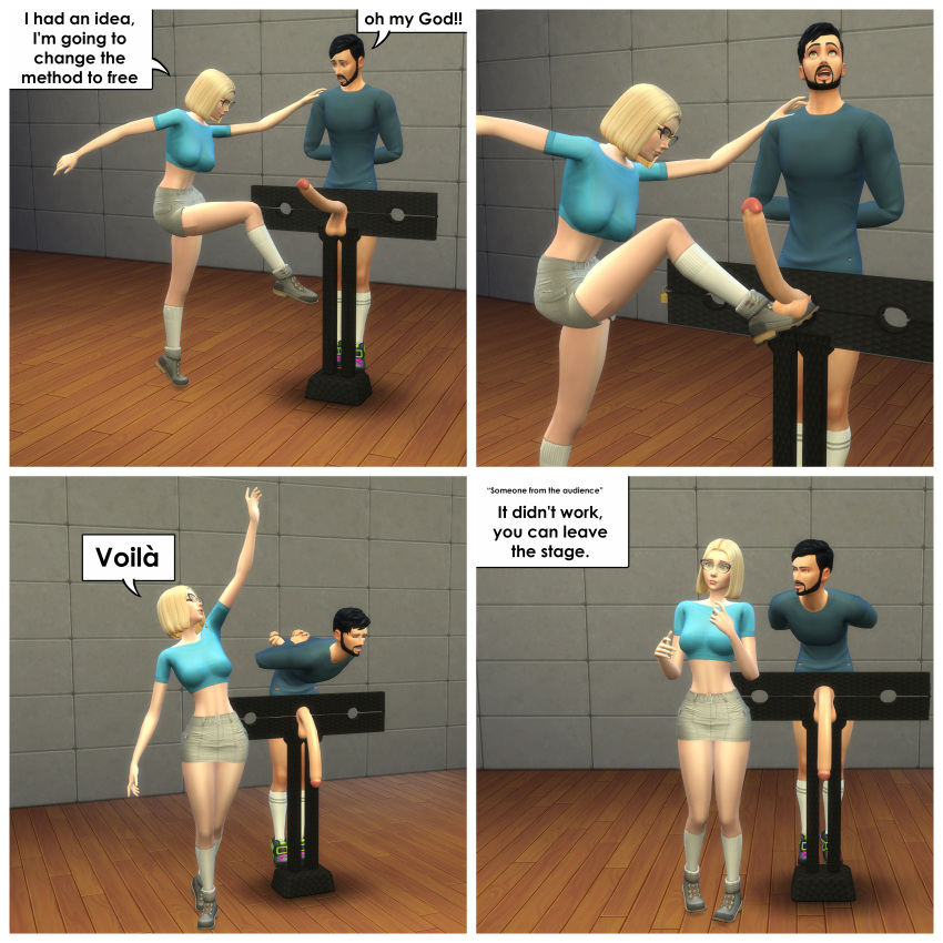 1boy 1boy1girl 1girls 2023 3d beard big_balls big_breasts big_penis black_hair blonde_hair blue_topwear bottomless clothed_female_nude_male couple curvy_female dialogue female matrixsims pillory short_hair skirt stuck testicles trick