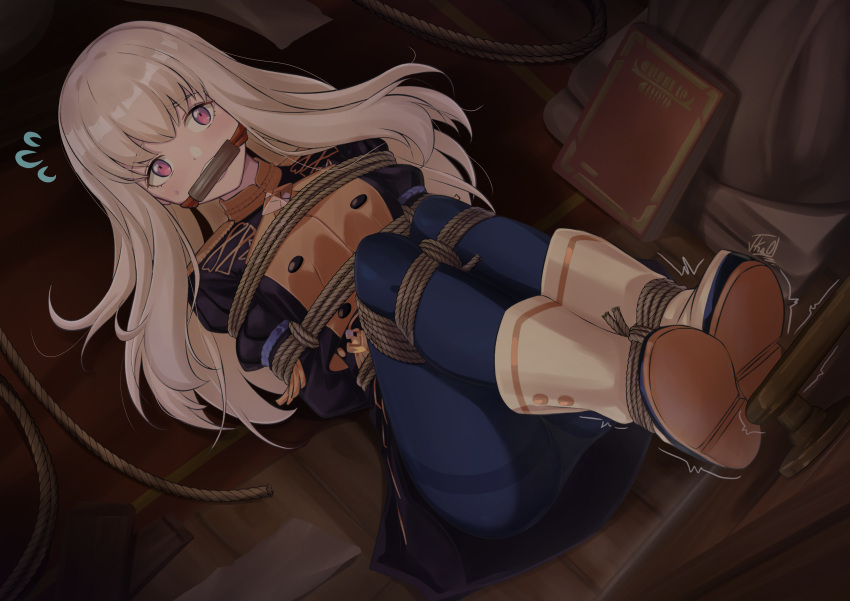 1girls absurdres arms_behind_back ass big_ass bit_gag blue_pantyhose bondage bondage bondage boots bound bound_ankles bound_arms bound_legs bound_torso escape female female female_only femsub fire_emblem fire_emblem:_three_houses gag gagged garreg_mach_monastery_uniform highres kicking long_hair looking_at_viewer lying lysithea_von_ordelia nintendo on_back panties pantyhose pantylines pink_eyes restrained rope shibari_over_clothes solo thighband_pantyhose underwear uniform vakaosciosa white_footwear white_hair white_panties