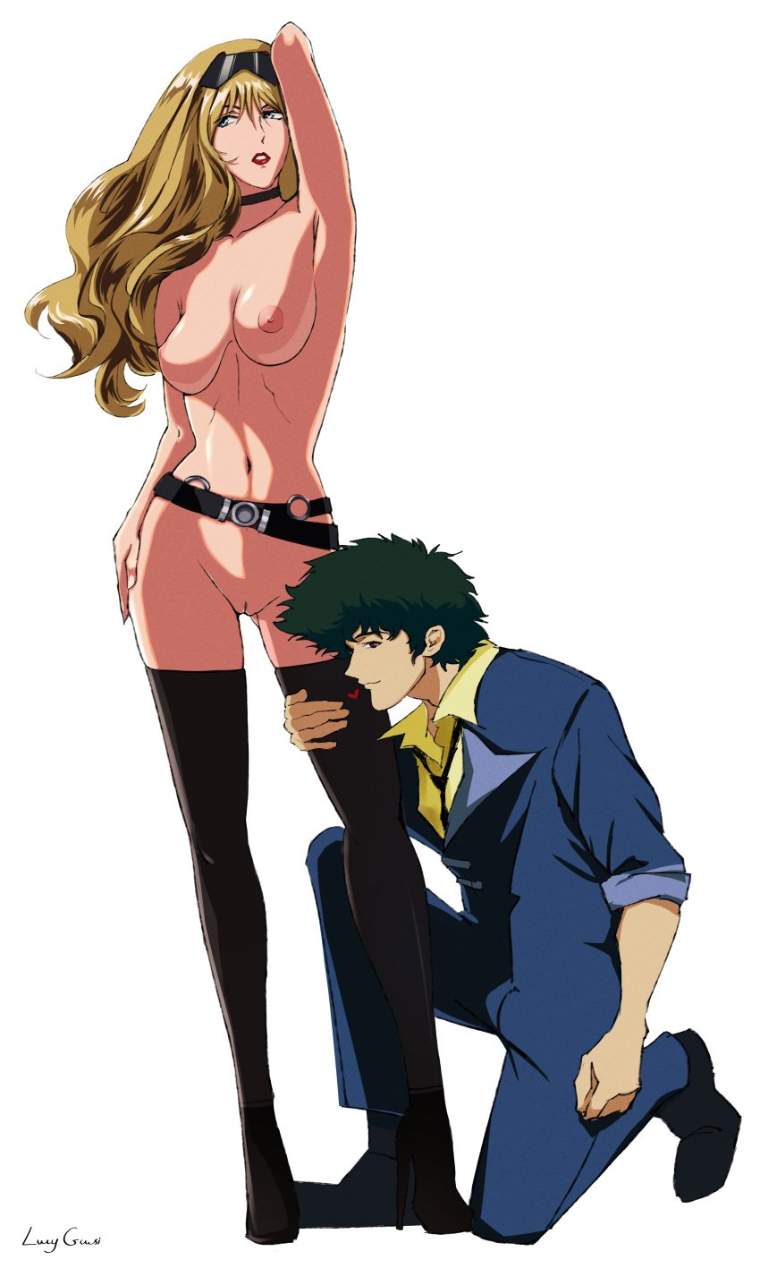 1boy1girl 1girls bangs belt blonde_hair blue_eyes boots breasts brown_eyes cowboy_bebop curly_hair eyewear_on_head female green_hair heart human julia_(cowboy_bebop) kissing large_breasts light-skinned_female light_skin long_hair lovers lucyguusi nipples nude_female nude_female_clothed_male pussy spike_spiegel sunglasses sunglasses_on_head thighs uncensored white_background