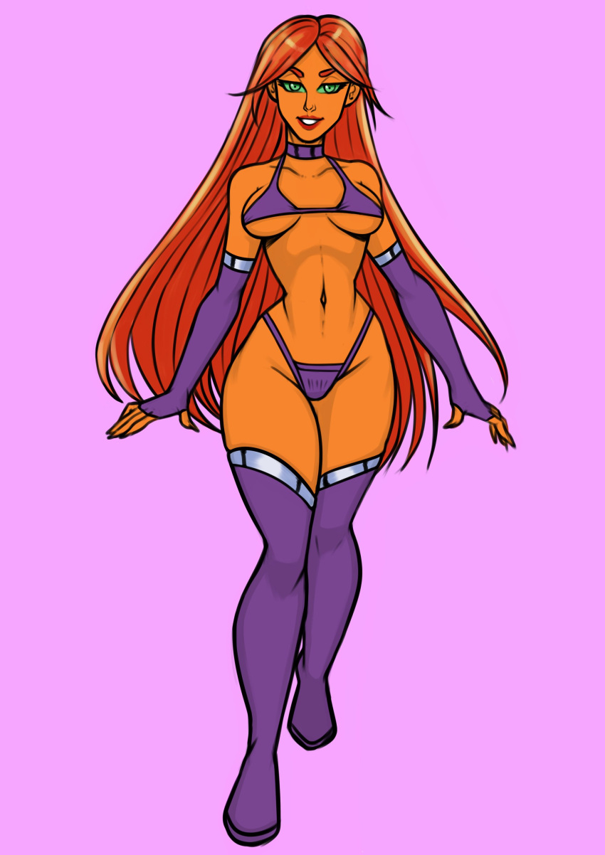 1girls alien alien_girl bikini boots cartoon_network dc dc_comics frank_draws green_eyes highleg long_hair long_hair_female looking_at_viewer micro_bikini orange_hair orange_skin purple_thong starfire superhero superheroine teen_titans thong