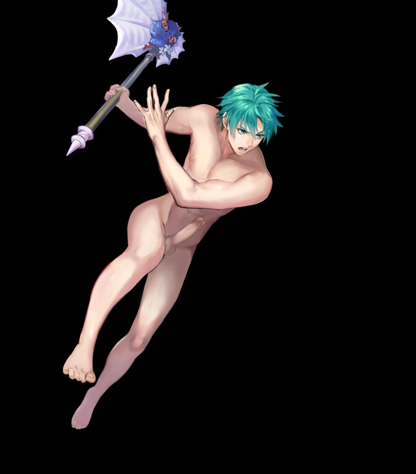 1boy axe bare_legs black_background blue_eyes blue_hair codename_(user_mkxe3283) codename_edit completely_nude edit ephraim_(fire_emblem) ephraim_(summer)_(fire_emblem) fire_emblem fire_emblem:_the_sacred_stones fire_emblem_heroes holding holding_axe legs male male_only nintendo nude nude_filter nude_male official_alternate_costume penis uncensored