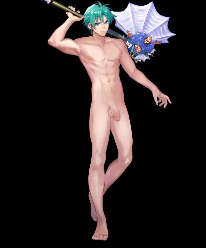 1boy axe bare_legs black_background blue_eyes blue_hair codename_(user_mkxe3283) codename_edit completely_nude edit ephraim_(fire_emblem) ephraim_(summer)_(fire_emblem) fire_emblem fire_emblem:_the_sacred_stones fire_emblem_heroes holding holding_axe legs looking_at_viewer male male_only nintendo nude nude_filter nude_male official_alternate_costume penis smile uncensored