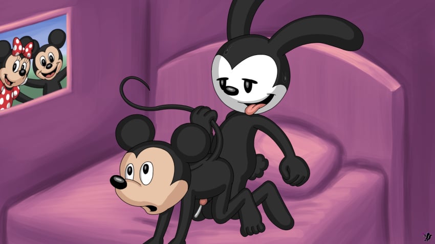 anal anthro bed bed_sheet bedding bedroom disney duo furniture gay hi_res male male/male male_only mickey_mouse omatic oswald_the_lucky_rabbit penetration penis sex tail