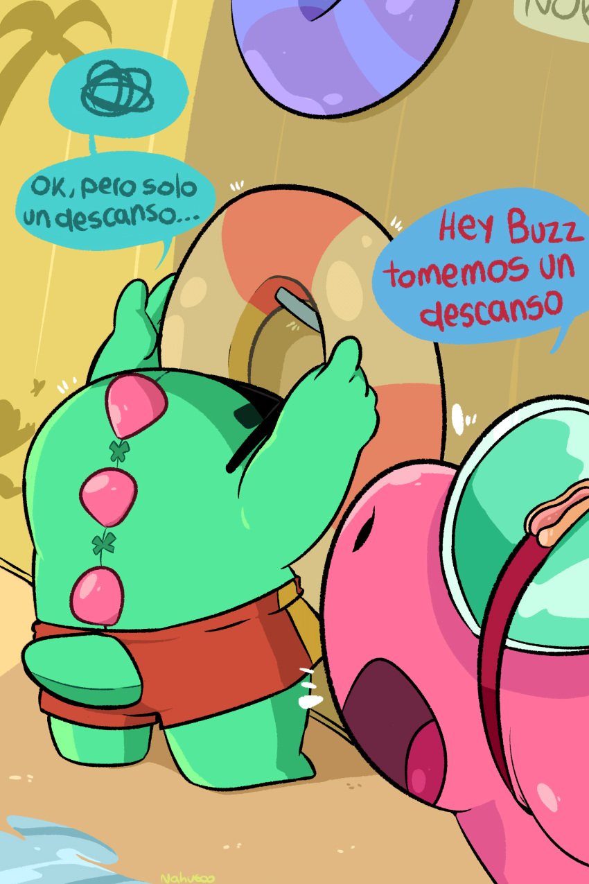 bara brawl_stars buzz_(brawl_stars) buzz_x_doug dialogue dinosaur doug_(brawl_stars) furry gay homosexual male_only nahu600 spanish_text supercell