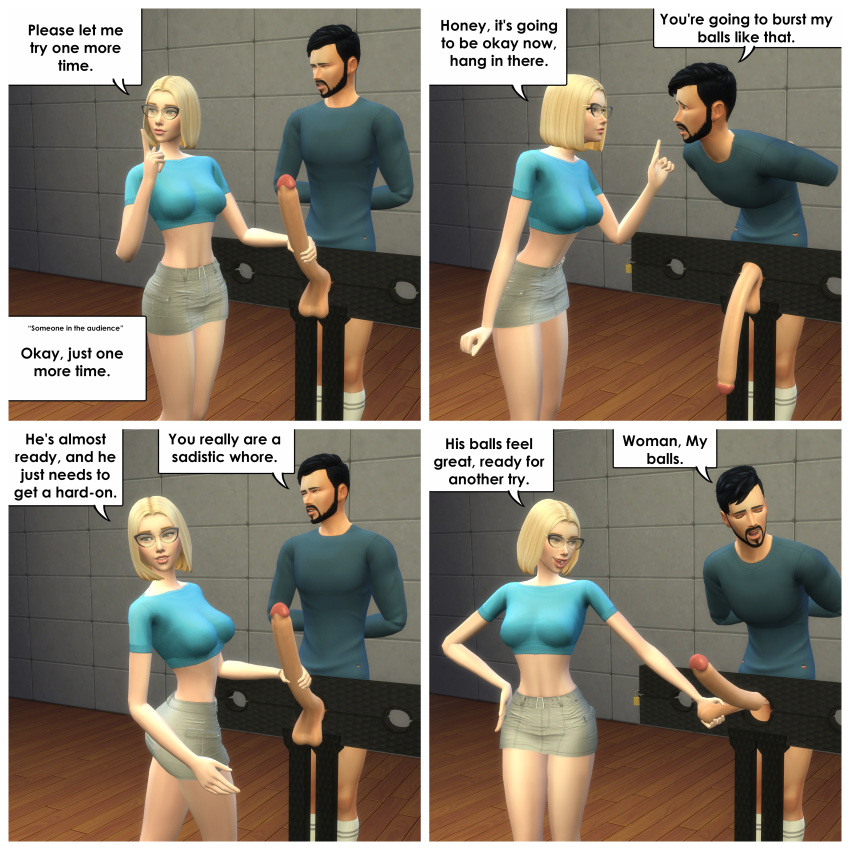 1boy 1boy1girl 1girls 2023 3d beard big_balls big_breasts big_penis black_hair blonde_hair blue_topwear bottomless clothed_female_nude_male couple curvy_female dialogue female matrixsims pillory short_hair skirt stuck testicles trick