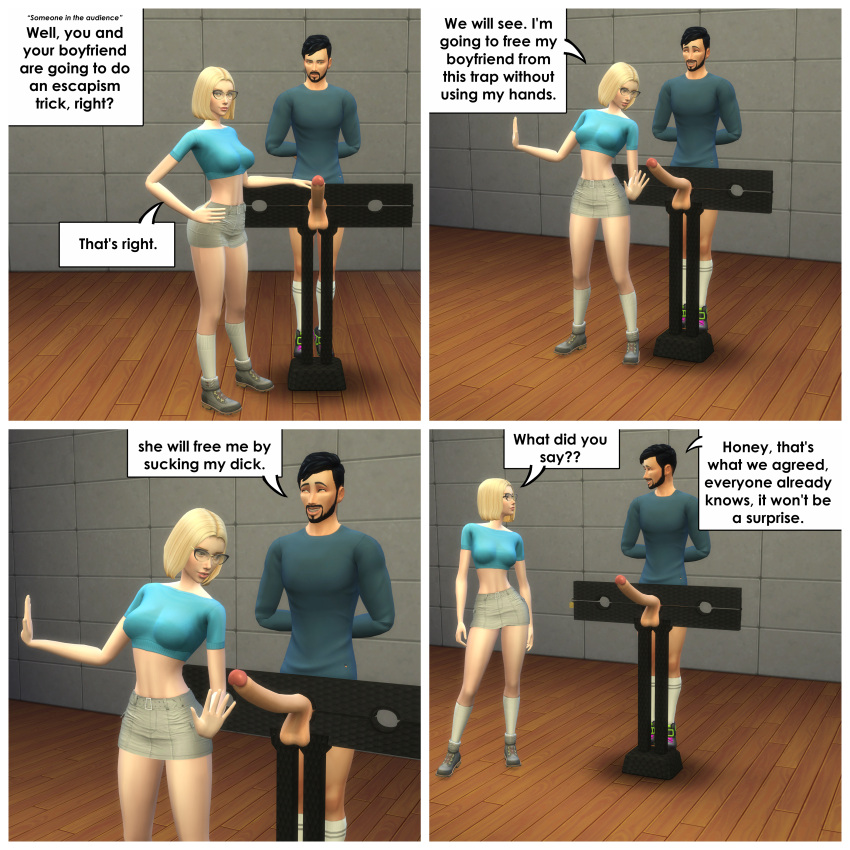 1boy 1boy1girl 1girls 2023 3d beard big_balls big_breasts big_penis black_hair blonde_hair blue_topwear bottomless clothed_female_nude_male couple curvy_female dialogue female matrixsims pillory short_hair skirt stuck testicles trick