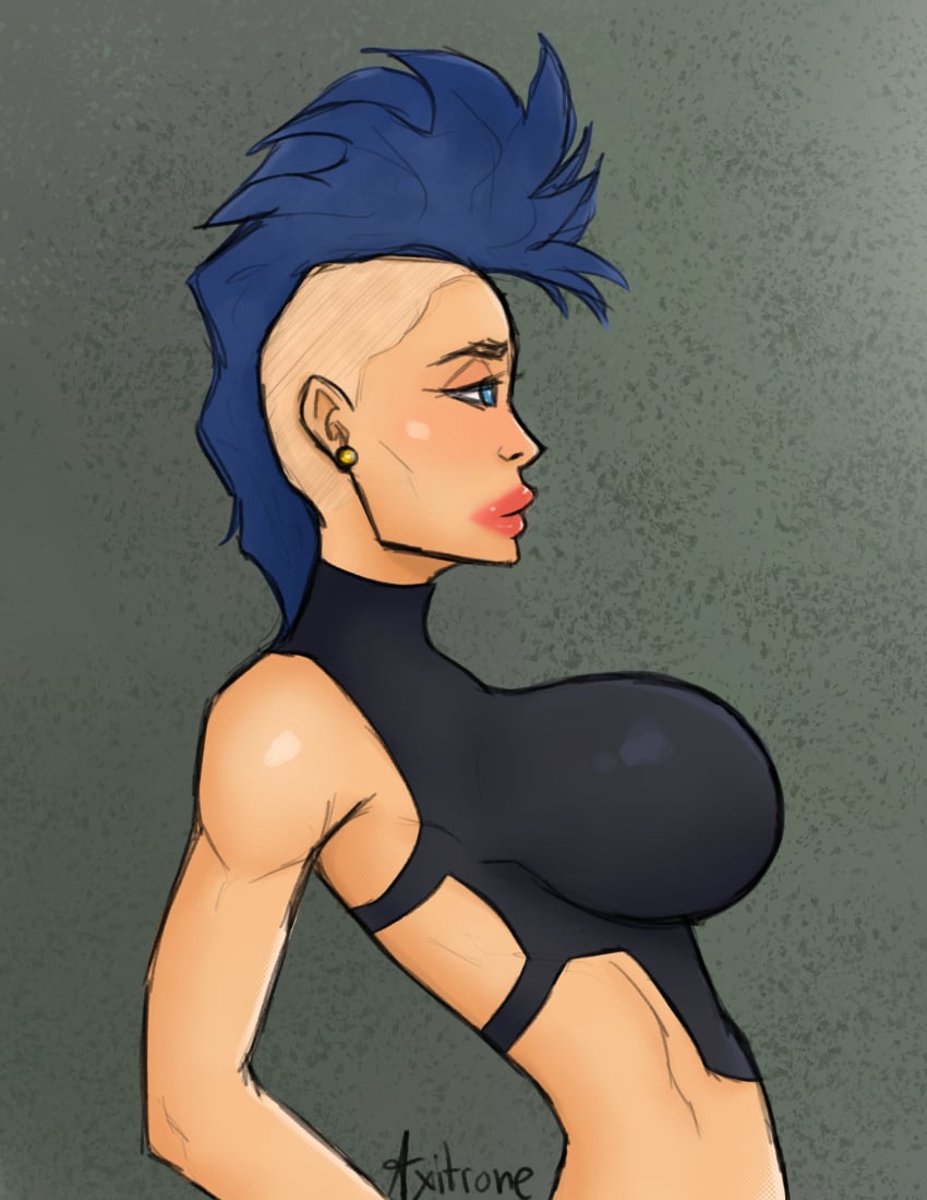 axitrone big_breasts bimbo bimbo_lips blue_hair futuristic high_heels popstar portrait rock star