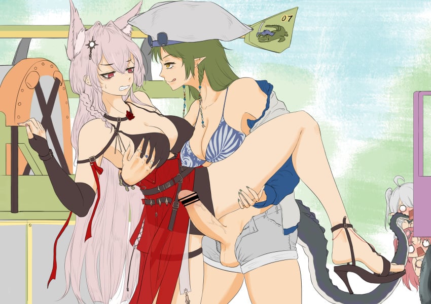 1futa 3girls absurdres animal_ears arknights balls bar_censor being_watched big_breasts big_penis breasts censored clothed clothing duo_focus elbow_gloves erection female futa_with_female futanari gavial_(arknights) gloves green_hair hair_between_eyes highres human humanoid humanoid_penis kemonomimi light-skinned_futanari light_skin long_hair mostly_nude myrtle_(arknights) penis pointy_ears pozyomka_(arknights) shangguanzhuhanyi standing tomimi_(arknights) vaginal_penetration white_hair wolf_girl yellow_eyes