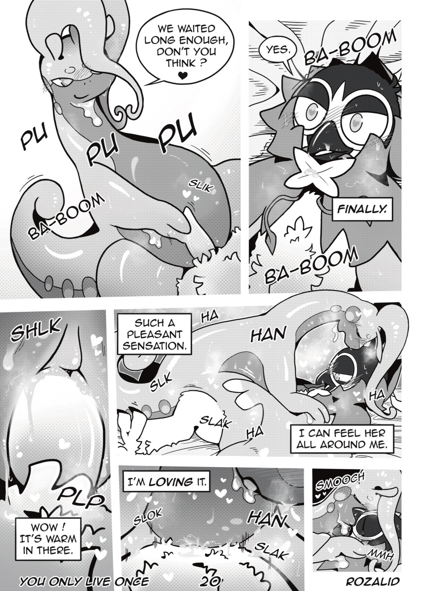 absurd_res ambiguous_fluids anthro avian beak bird blush bodily_fluids bottomwear breath closed_eyes clothing comic decidueye dialogue doujinshi duo english_text enjoying feathers female first_person_view french_kissing generation_6_pokemon generation_7_pokemon genitals glistening glistening_body glistening_genitalia glistening_penis goo_creature goodra heart hi_res hotpants imminent_sex kissing long_neck looking_at_another looking_at_genitalia looking_at_partner looking_at_penetration looking_pleasured louis_(decidueye) lube lying male male/female manga monochrome mugu_(goodra) nintendo on_back on_top open_mouth overweight overweight_anthro overweight_female page_20 panting penetrating_pov penetration penis pokemon pokemon_(species) pussy riding riding_cock rozalid sex shorts slime speech_bubble steam sweat sweatdrop text thought_bubble vaginal_penetration you_only_live_once