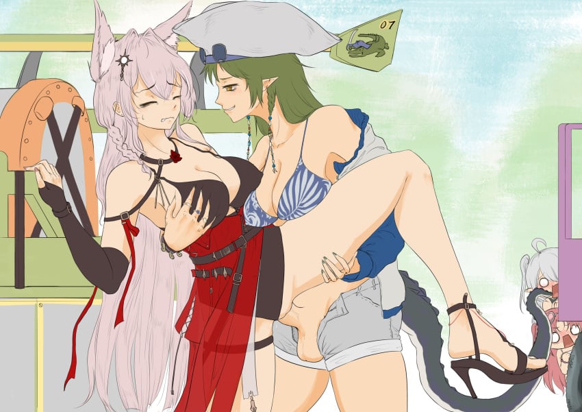 1futa 3girls absurdres animal_ears arknights balls bar_censor being_watched big_breasts big_penis breasts censored clothed clothing duo_focus elbow_gloves erection female futa_with_female futanari gavial_(arknights) gloves green_hair hair_between_eyes highres human humanoid humanoid_penis kemonomimi light-skinned_futanari light_skin long_hair mostly_nude myrtle_(arknights) penis pointy_ears pozyomka_(arknights) shangguanzhuhanyi standing tomimi_(arknights) vaginal_penetration white_hair wolf_girl yellow_eyes