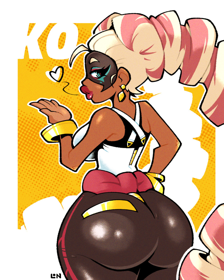 1girls arms_(game) ass ass_focus big_ass big_butt blue_eyes bubble_ass bubble_butt dark-skinned_female dark_skin earrings female female_only heart legendofnerd lipstick looking_at_viewer looking_back nintendo solo thick_ass thick_thighs twintelle white_hair