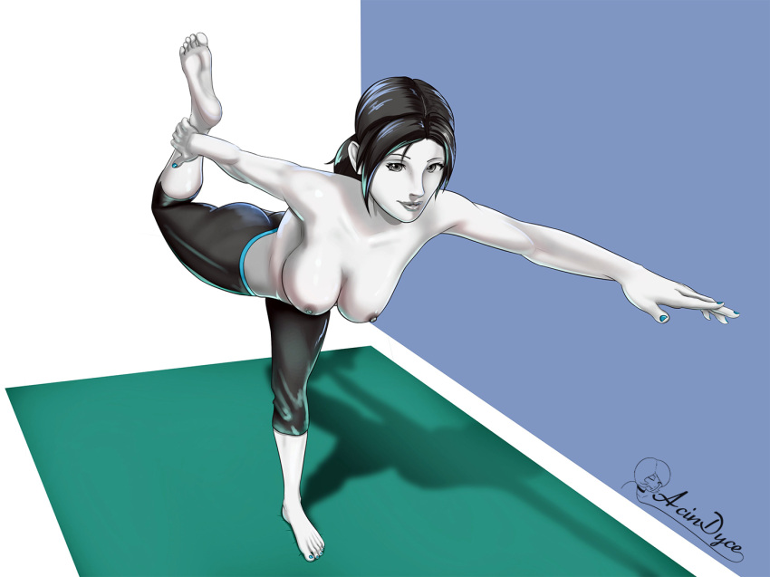 1girls acindyce_(artist) brown_hair grabbing_own_leg half_naked painted_nails painted_toenails pale_skin topless wii_fit_trainer yoga_mat yoga_pants yoga_pose