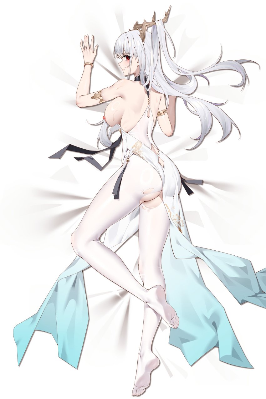 1girls absurdres azur_lane bare_back bracelet breasts dakimakura_(medium) dragon_girl dragon_horns dress feet female hair_on_horn highres horns jewelry light-skinned_female light_skin long_hair looking_at_viewer looking_back nipples no_bra pantyhose red_eyes ring sakura_empire_(azur_lane) shimanto_(azur_lane) sideboob skirt soles torn_clothes torn_pantyhose white_dress white_hair white_pantyhose white_skirt wsfw