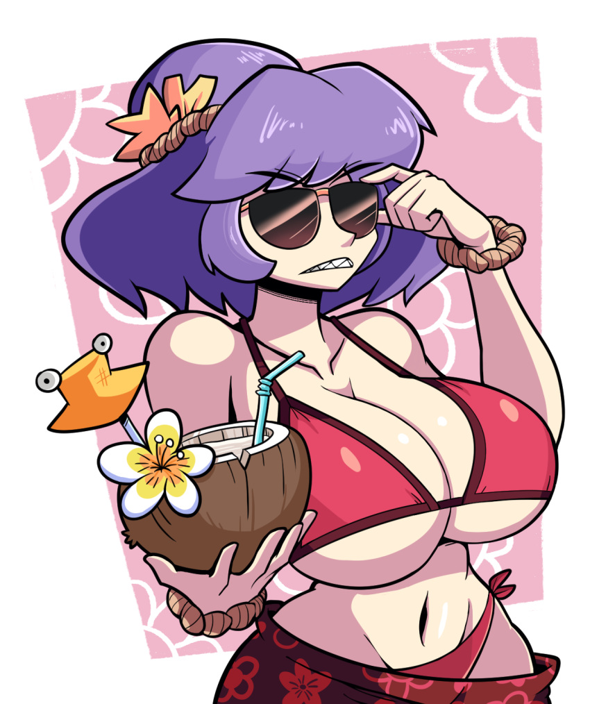 1girls big_breasts bikini bikini_top breasts cleavage coconut coconut_drink curvy curvy_female glasses goddess kanako_yasaka kevinarthurls light-skinned_female mature_female pink_background purple_hair sharp_teeth touhou underboob white_background