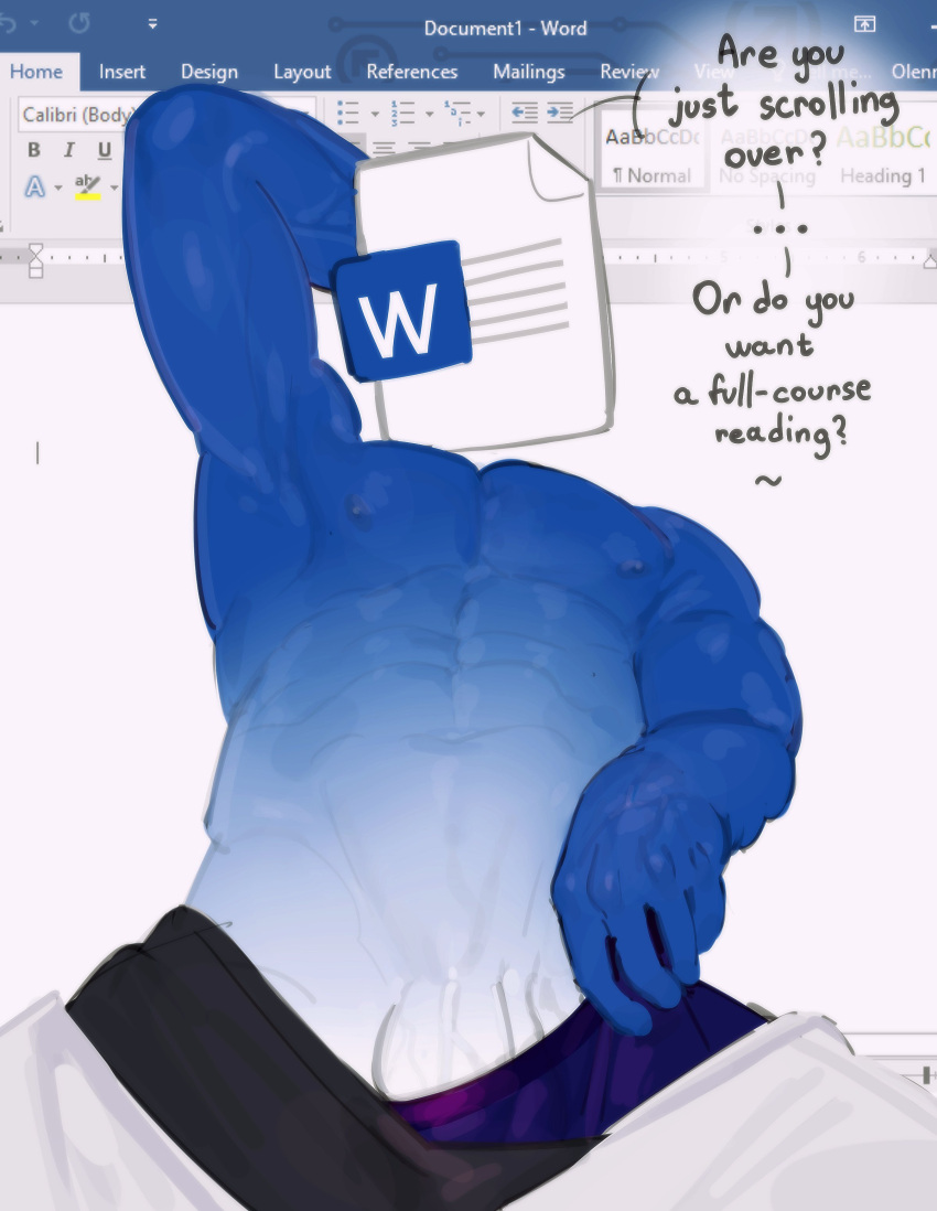 abs absurd_res anthro blue_body blue_nipples blue_skin bottomwear bottomwear_down clothed clothing dialogue for_a_head genitals hi_res humanoid kogito low-angle_view male male_only microsoft microsoft_word muscular muscular_male nipples non-human not_furry object_head pants pants_down partially_clothed pecs penis raised_arm solo solo_male speech_bubble topless topless_male vein veiny_penis worm's-eye_view