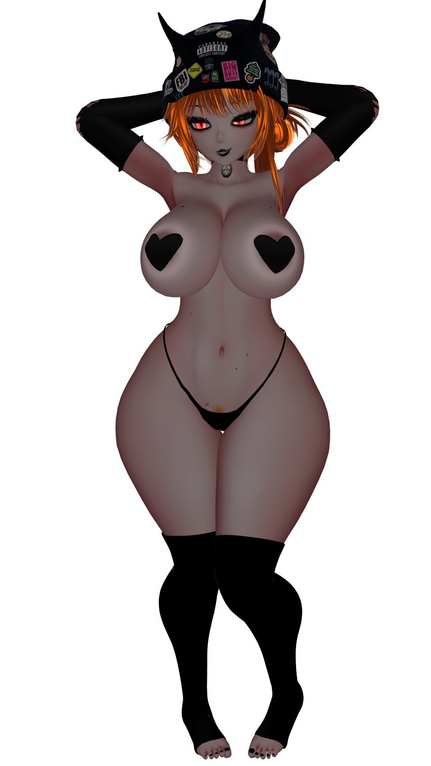 3d breasts covered_nipples female female_focus female_only full_body light-skinned_female light_skin lingerie orange_hair pale-skinned_female pale_skin pasties pubic_hair quiteshy red_eyes simple_background smirk solo solo_female solo_focus thong vr_media vrchat white_background wide_hips