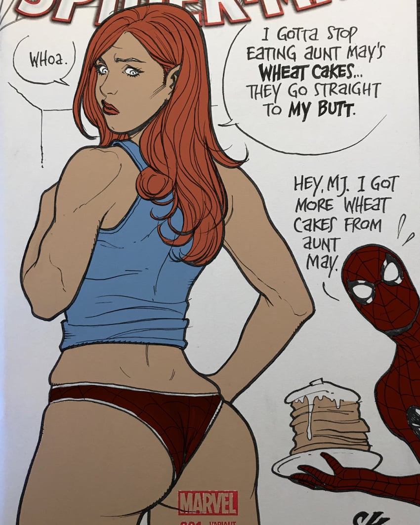 1boy 1boy1girl 1girls ass ass_focus back_muscles bra cheeks dat_ass digital_drawing_(artwork) embarrassed female frank_cho hero hips human inconvenient_ass jeans light-skinned_female light-skinned_male light_skin male male/female marvel marvel_comics mary_jane_watson paintmeanon panties pawg peter_parker red_hair spider-man spider-man_(series) straight straight_hair superhero thick underwear waist weight_gain wide_hips