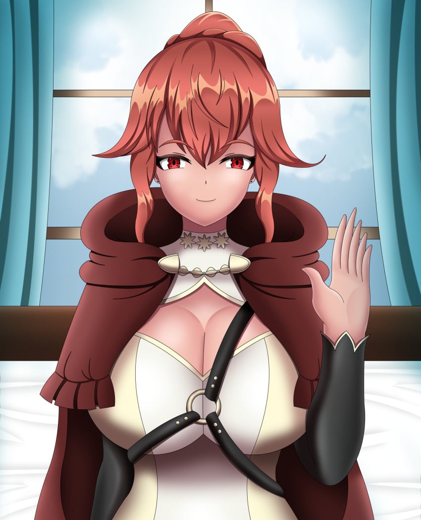 1girls anna_(fire_emblem) anna_(fire_emblem_fates) bed belt cape cleavage female female_only fire_emblem fire_emblem_fates greeting huge_breasts indoors looking_at_viewer nintendo o-ring ponytail red_eyes red_hair seelenfresserin short_hair smile solo upper_body waving waving_at_viewer window