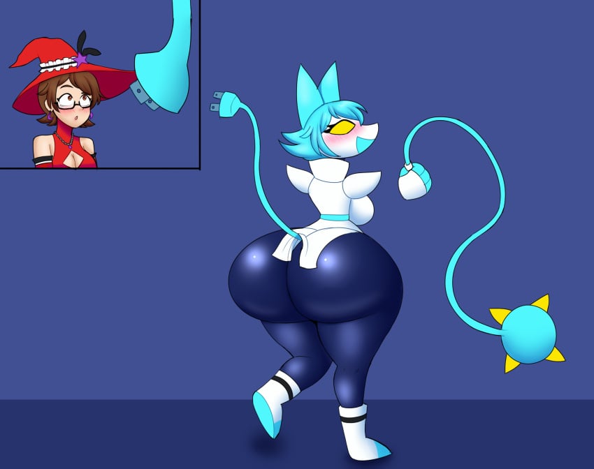 after_transformation before_and_after blue_hair brown_eyes brown_hair deltarune female flybeeth huge_ass huge_breasts morgan_(morgypietfs) tagme tasque_manager_(deltarune) thick_thighs transformation wide_hips yellow_eyes