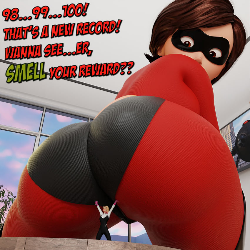 1girls 2girls 3d ass big_ass dialogue disney domino_mask elastigirl female femdom femsub gassy giantess gwen_stacy gwen_stacy_(spider-verse) helen_parr macro marvel mature_female milf mother pixar saxanas size_difference spider-gwen spider-man:_into_the_spider-verse spider-man_(series) text the_incredibles