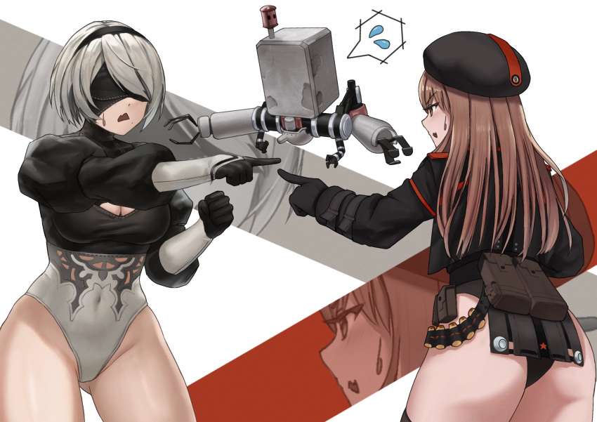 2girls ammunition_belt ass belt_pouch beret black_blindfold black_dress black_gloves black_hairband black_headwear black_jacket black_thighhighs blindfold boots collared_leotard commentary_request cropped_jacket crossover dress feather-trimmed_sleeves gloves gluteal_fold goddess_of_victory:_nikke hairband hat high_heel_boots high_heels highres ishikawa_yui jacket juliet_sleeves leotard light_brown_hair long_hair long_sleeves marvel meme mole mole_under_mouth multiple_girls nier:_automata nier_(series) o_o_k_i_n_a open_mouth pod_(nier) pointing pointing_spider-man_(meme) pouch puffy_sleeves rapi_(nikke) short_hair standing sweatdrop thigh_boots thighhighs thighhighs_under_boots voice_actor_connection white_hair white_leotard yorha_2b zoom_layer