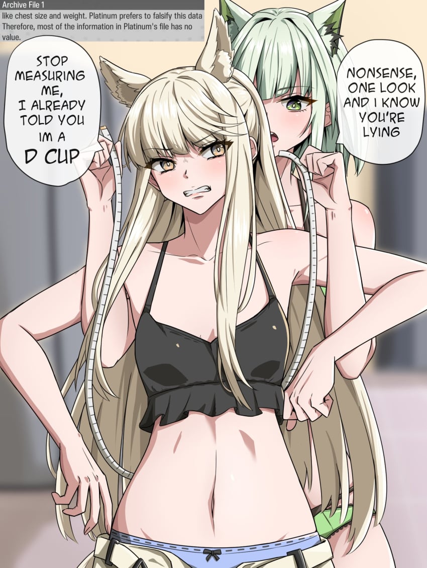 2girls angry animal_ears annoyed arguing arknights bare_shoulders belly black_topwear blush clenched_teeth collarbone cream_hair ear_fluff english_text female female_only flat_chest from_behind green_eyes green_hair highres indoors kal'tsit_(arknights) kemonomimi light-skinned_female locker_room looking_at_another looking_back measuring_tape navel panties partially_clothed platinum_(arknights) restrained small_breasts speech_bubble stomach symmetricturd text topwear white_hair yellow_hair