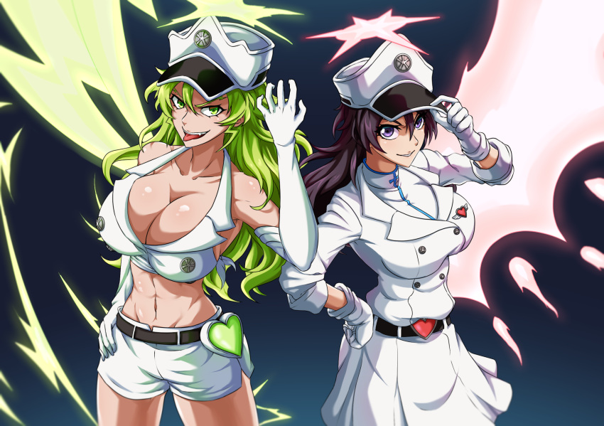 2girls adjusting_clothes adjusting_headwear bambietta_basterbine belt black_belt black_hair bleach bleach:_the_thousand-year_blood_war breasts buckle candice_catnipp cleavage commentary elbow_gloves electricity energy energy_wings english_commentary gloves glowing green_eyes halo hat heart heart-shaped_buckle highres jacket large_breasts light_green_hair long_hair midriff multiple_girls peaked_cap purple_eyes quincy shirt shorts skirt sternritter tongue tongue_out wandenreich white_gloves white_headwear white_jacket white_shirt white_shorts white_skirt wings xer_(yuaz3274)