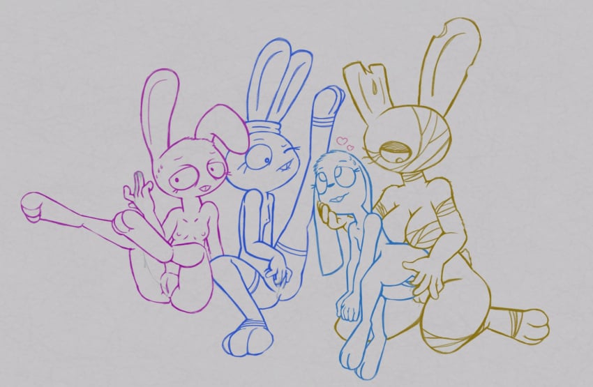 anthro april_marchand_may_(roommates) bandage beanie_(roommates) big_breasts bite biting_lip bodily_fluids bonbon_(roommates) bonnibel_(roommates) bonnie_(fnaf) breasts buckteeth eyelashes female female/female five_nights_at_freddy's five_nights_at_freddy's_2 five_nights_at_freddy's_3 genital_fluids genitals grey_background group hand_on_face heart hi_res kneeling knullox lagomorph leporid mammal masturbation nipples notched_ear nude one_eye_closed pussy pussy_juice pussy_juice_string rabbit roommates:motha rule_63 scottgames simple_background small_breasts springtrap springtrap_(fnaf) sweat sweatdrop teeth thick_thighs toy_bonnie_(fnaf) wide_hips