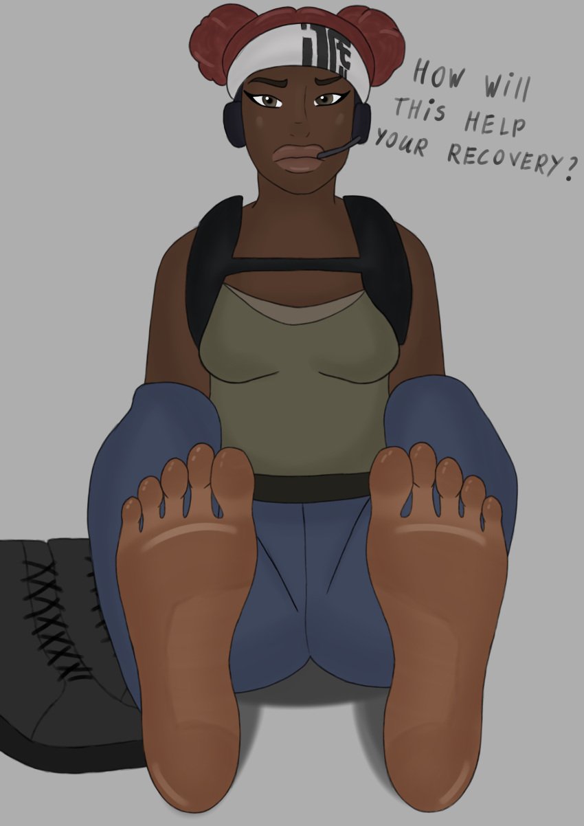 1girls african african_female apex_legends clothed clothing colored dark-skinned_female dark_skin feet feet_up female female_only foot_fetish foot_focus jamaican lifeline_(apex_legends) rainywastaken red_hair soles tease teasing teasing_viewer toes