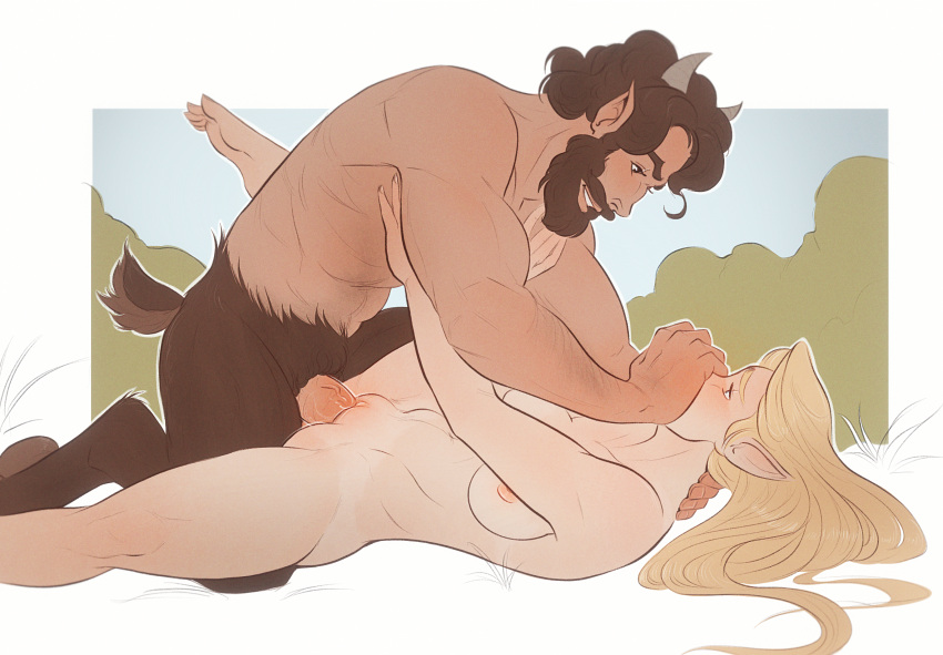 barefoot beard bearded blonde_hair dominant_male domination elf elf_ears elf_woman facial_hair faun george_(character) hand_gagged hand_over_another's_mouth hands_on_mouth horns looking_at_partner manly missionary missionary_position missionary_sex muffled muffled_moaning muscle noblewoman outdoor_sex outdoors qwickjoe satyr sex straight straight_sex thick_penis vaginal_penetration