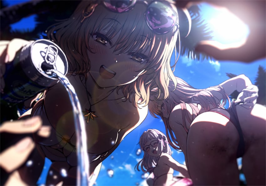 1boy 3girls adjusting_clothes adjusting_swimsuit anis_(nikke) ass big_ass big_breasts bikini breasts can cleavage eyewear_on_head from_behind from_below goddess_of_victory:_nikke huge_ass huge_breasts intensify_0 medium_breasts multiple_girls neon_(nikke) offering offering_drink pouring pouring_onto_another pov rapi_(nikke) soda soda_can sunglasses sunglasses_on_head swimsuit