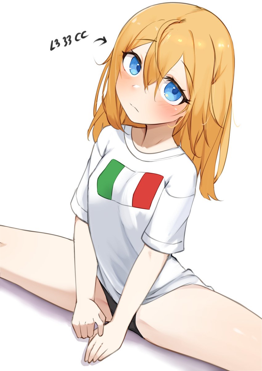 1girls black_panties blonde_hair blue_eyes daebom female female_only flat_chest italian_flag l3_33cc looking_at_viewer solo war_thunder white_shirt young