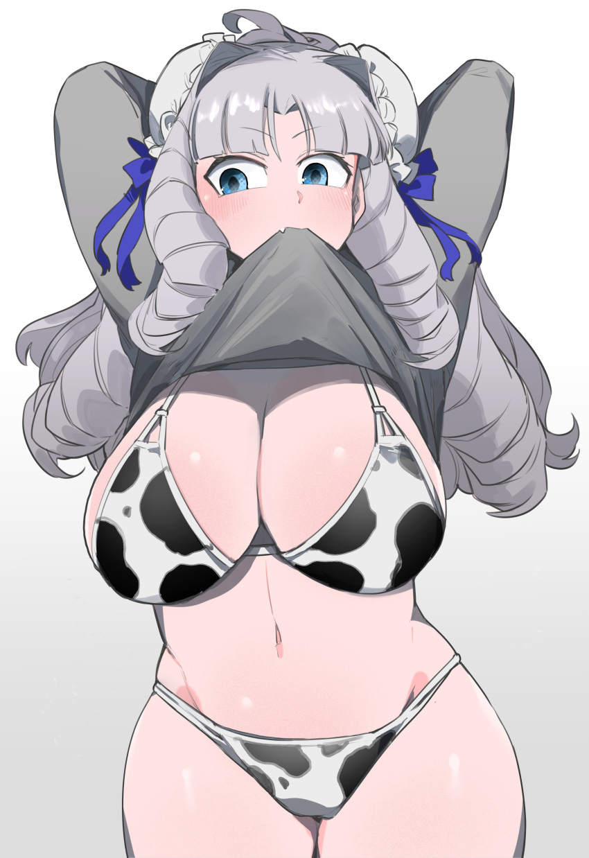 arms_behind_head cow_bikini female giant_ojou-sama holding_shirt_with_mouth huge_breasts lifting_shirt nikukaiq oerba_yun_fang oriko_fujido silver_hair solo